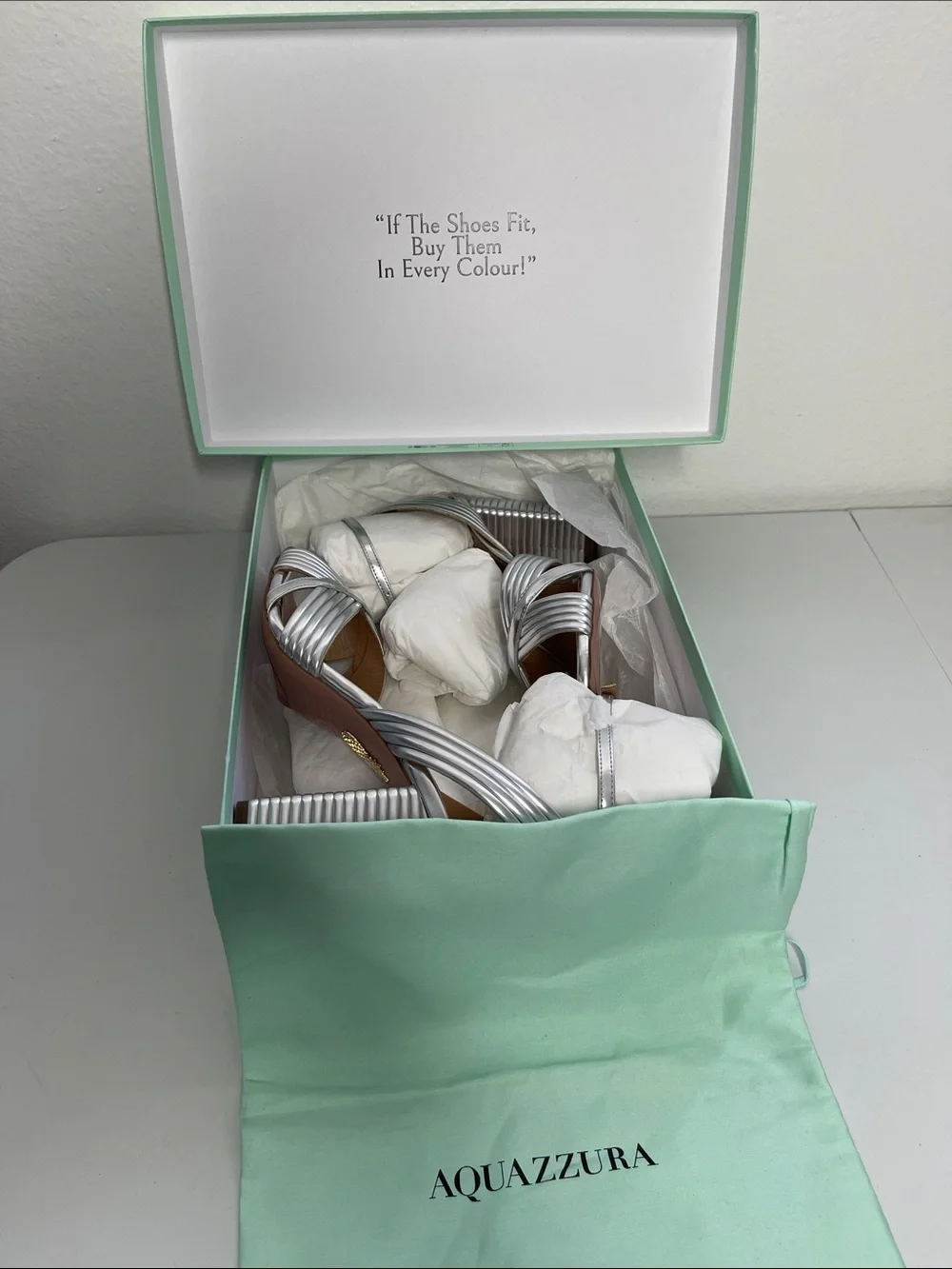 New Aquazzura Very Sundance Silver Leather 85mm 3.5